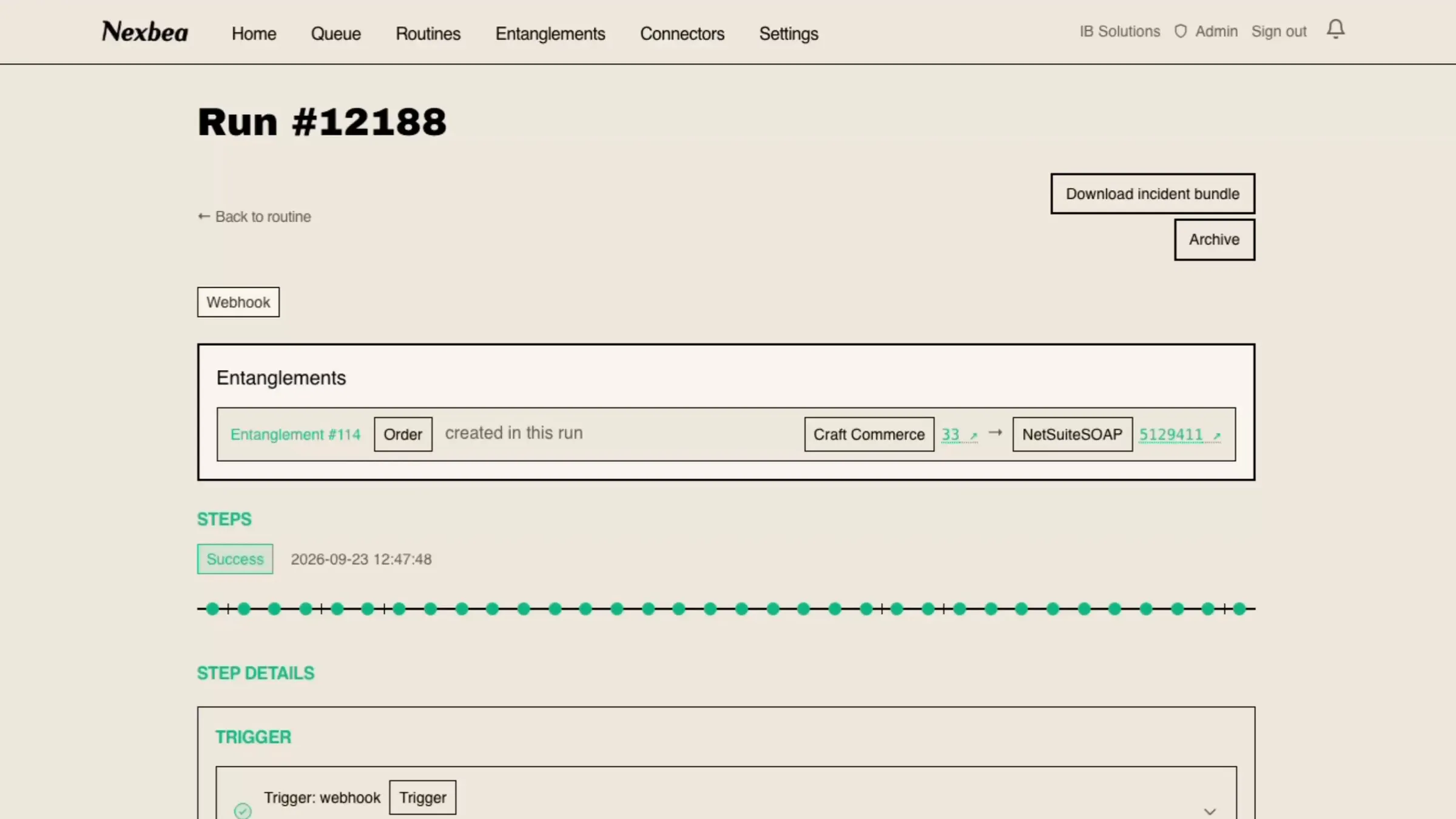 Run 12188, marked success. It shows the order it created, a timeline of completed steps, and step details starting with the webhook trigger and the pull from Craft Commerce.