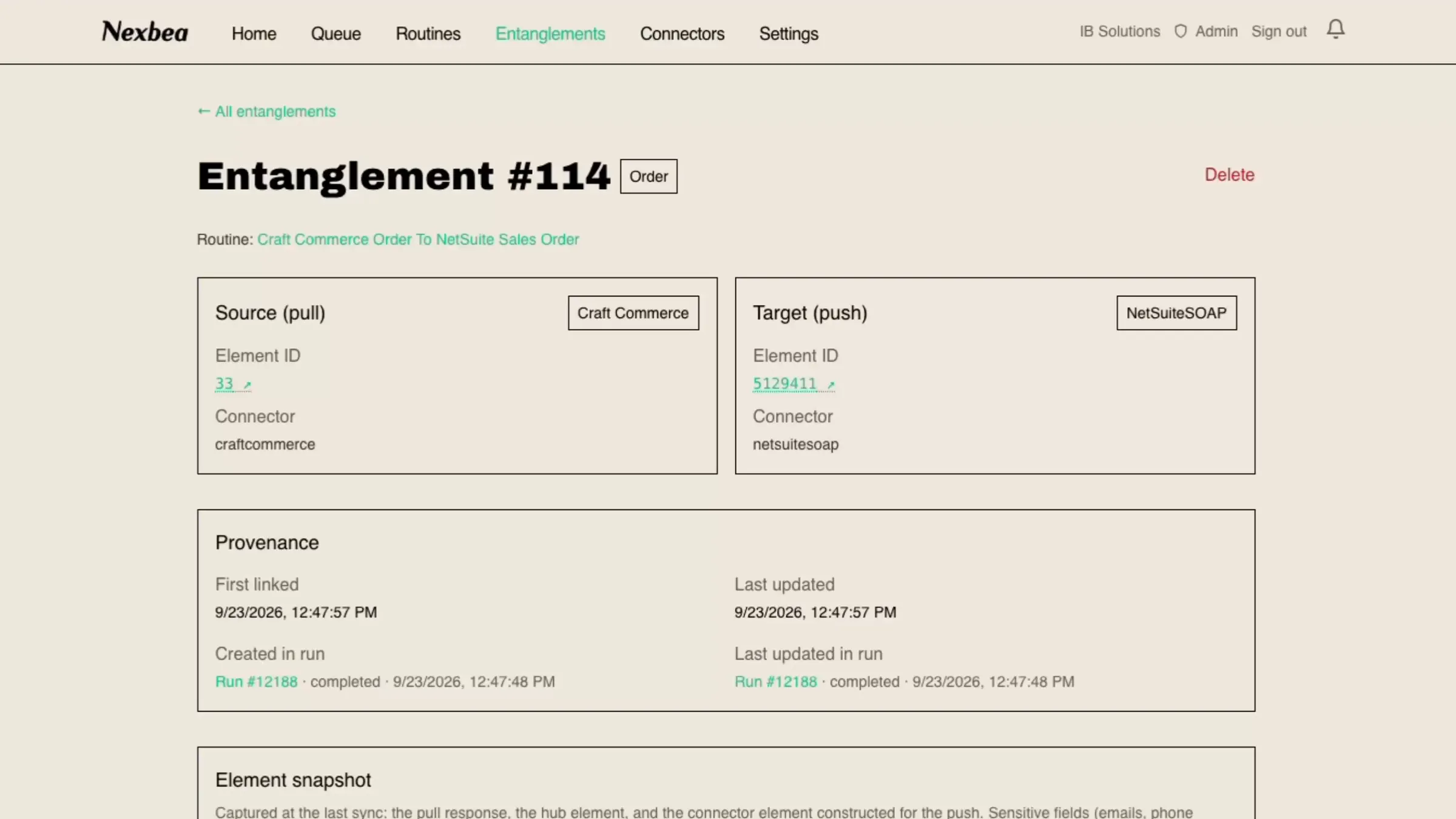 Entanglement 114, linking order 33 in Craft Commerce to record 5129411 in NetSuite, with when it was first linked, when it was last updated, and the run that created it.